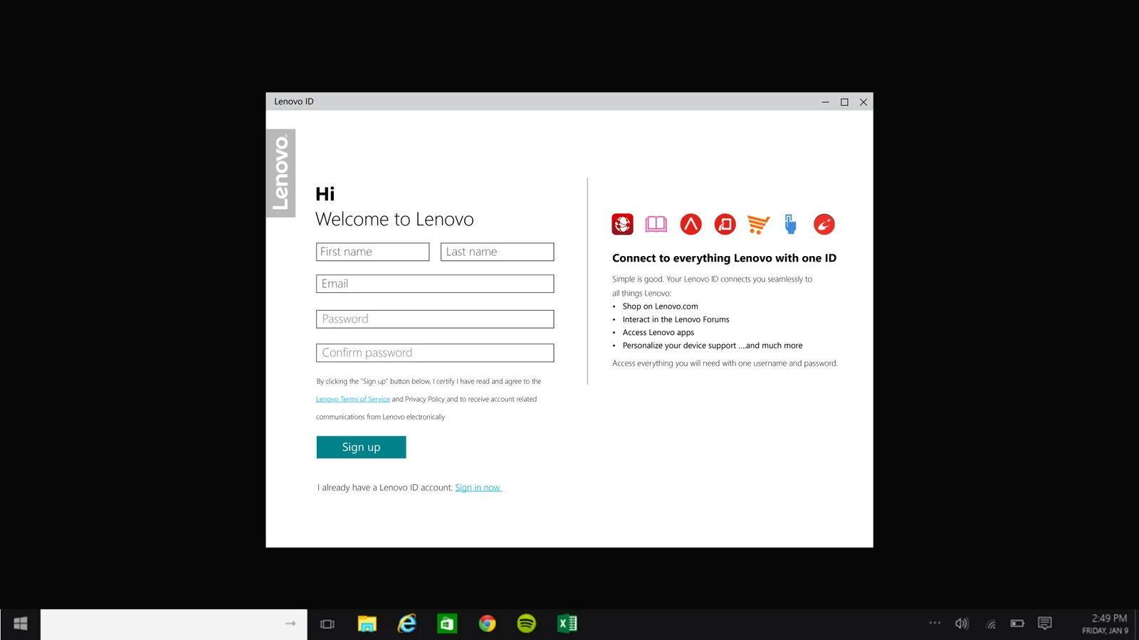 Lenovo ID universal app: Sign up screen