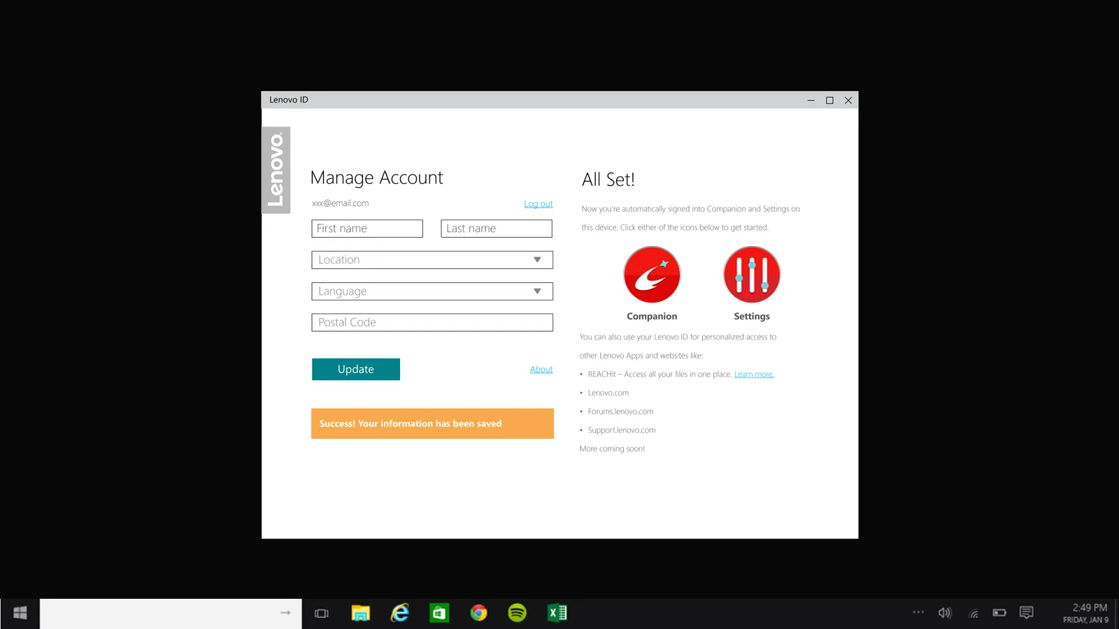 Lenovo ID universal app: Manage account screen