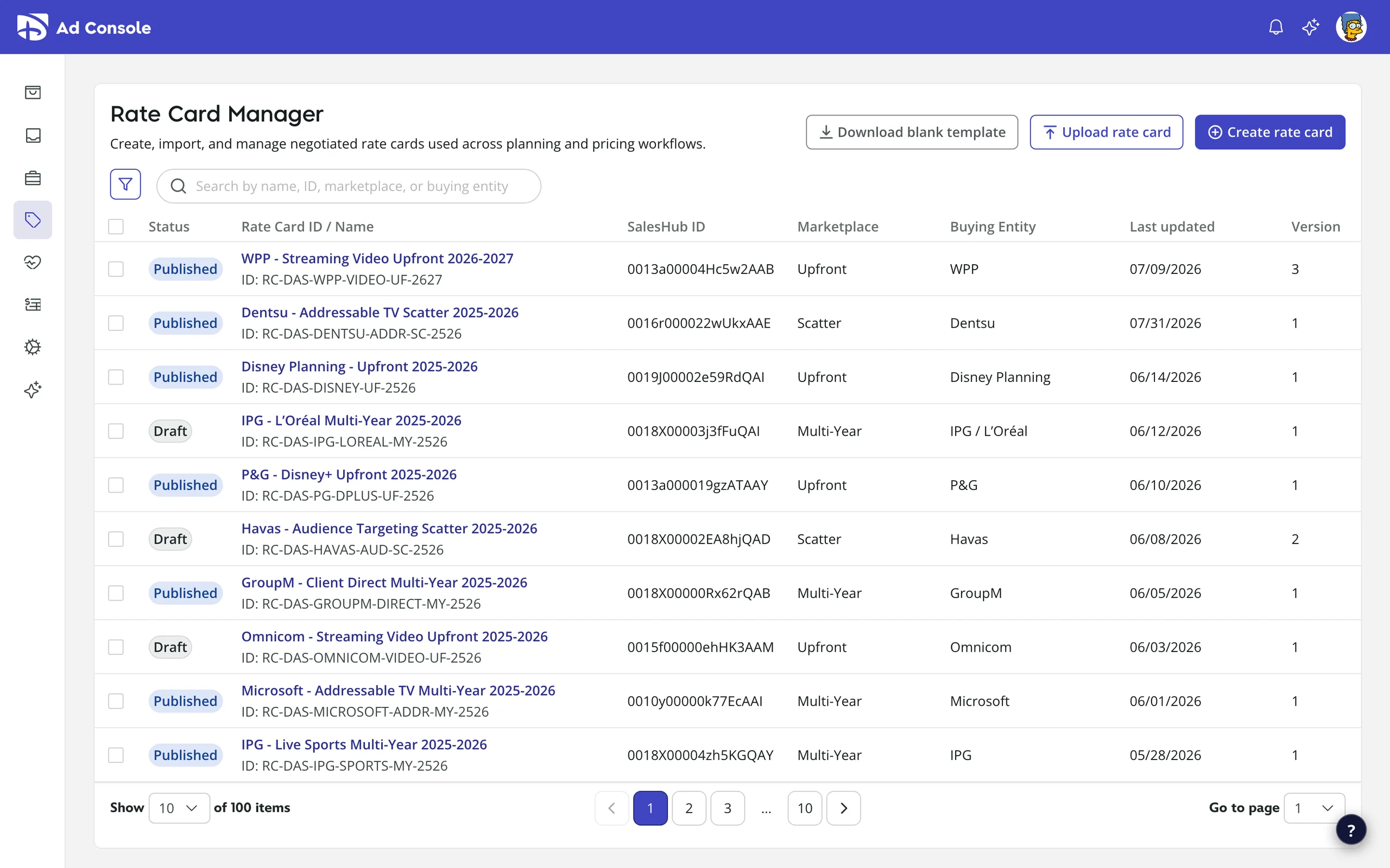 Rate Card Manager prototype showing the All Rate Cards list with search, filters, and draft and published states.